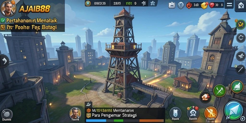 Tampilan gameplay AJAIB88 menampilkan menara yang sedang berperang melawan serangan musuh.