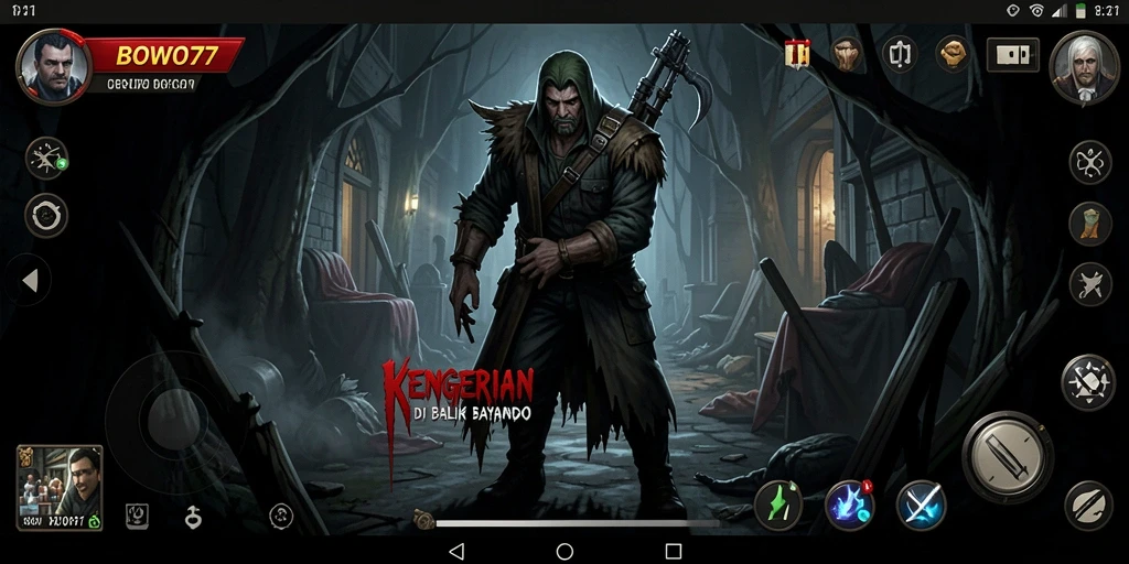 Screenshot gameplay BOWO77 di dunia horor yang gelap dan menyeramkan.
