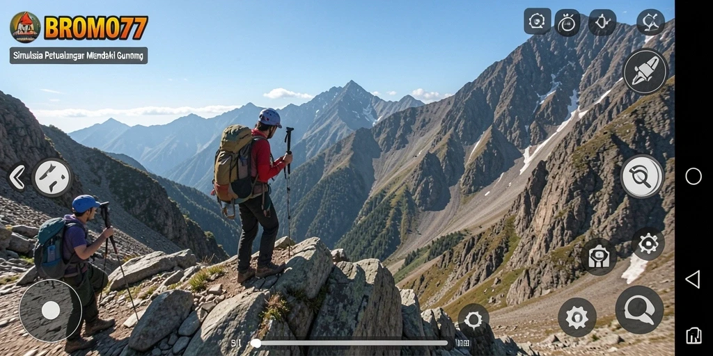 Screenshot gameplay BROMO77 menampilkan keindahan alam saat mendaki.