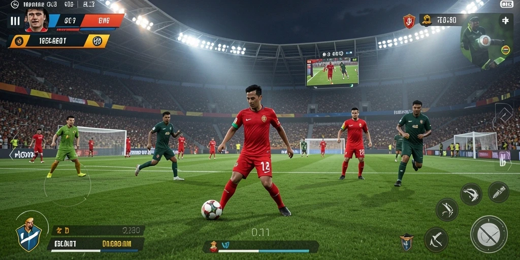 Screenshot gameplay HO3 menunjukkan aksi seru di lapangan sepak bola.