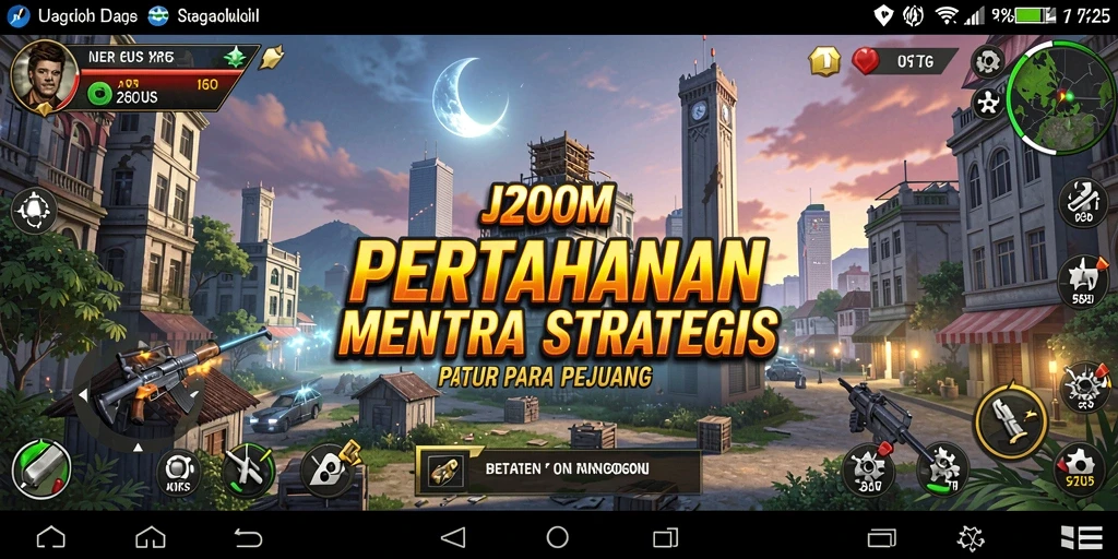 Screenshot gameplay J200M menampilkan aksi menara pertahanan yang intens.