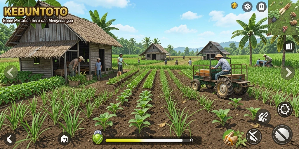 Tampilan gameplay menarik di KEBUNTOTO yang menggambarkan pertanian.