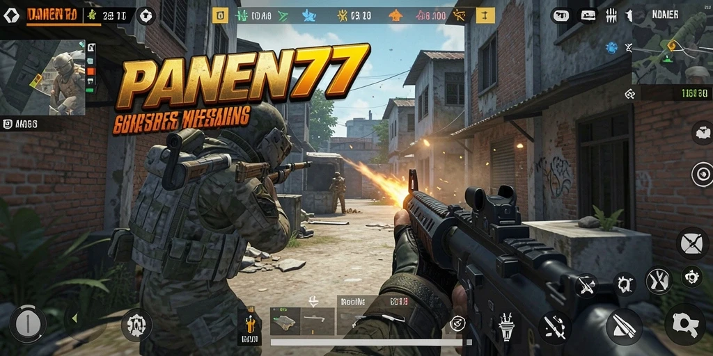 Screenshot utama PANEN77 menampilkan aksi tembak-menembak yang intens.