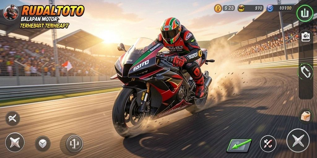 Screenshot gameplay RUDALTOTO menampilkan aksi balapan motor yang mendebarkan.