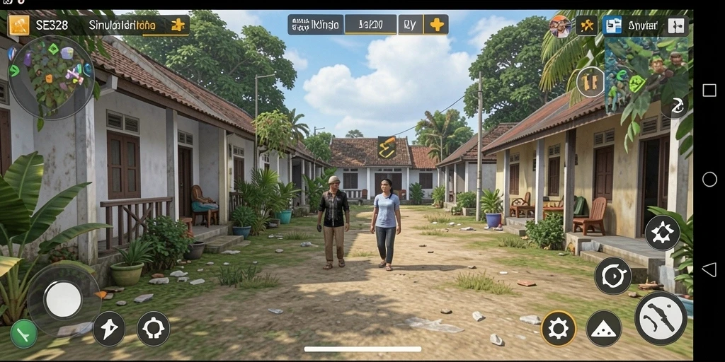 Screenshot gameplay SE328 menampilkan interaksi seru antar karakter dalam simulasi.