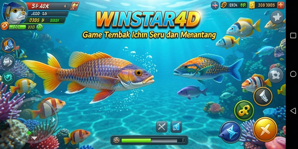 Gameplay seru WINSTAR4D menembak ikan di bawah laut.